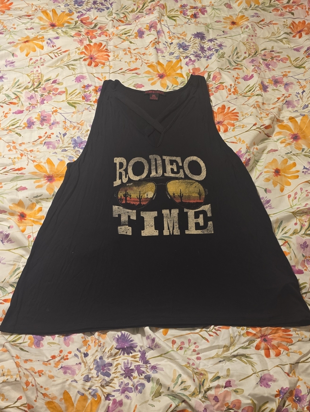 Rock & Roll Cowgirl Black Tank with Rodeo Sunset Sunglasses Graphic